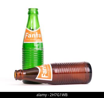 Leeuwarden, the Netherlands on november 22, 2021: Retro glass bottle of Fanta brand (1971) Stock Photo