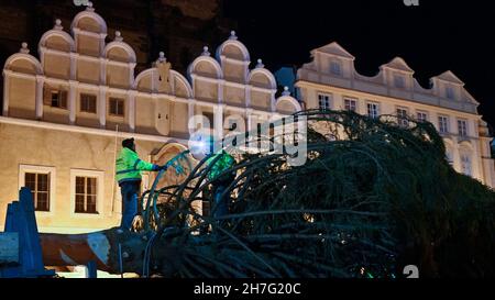 Prague, Czech Republic. 23rd Nov, 2021. Specialists install Prague Christmas tree on the Old Town Square in Prague, Czech Republic, on November 23, 2021. Credit: Michal Kamaryt/CTK Photo/Alamy Live News Stock Photo