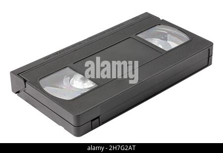 Black videotape on a white background. VHS cassette. Isolate on white. Stock Photo