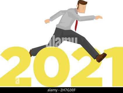 Business man jump over 2021. Success new year concept or reaching out to the year of 2021 in the business world. Flat Vector cartoon illustration. Stock Vector