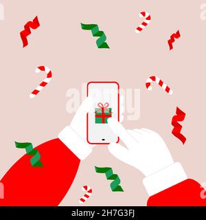 Santa chooses gifts online through an app on his smartphone. The concept of preparing for the New Year and Christmas. Search and buy gifts online Stock Vector