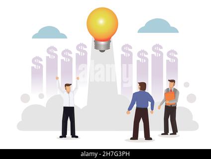 Light bulb launching to space on white background surrounded by businessmen. Project start up and success development process. Innovation product, cre Stock Vector