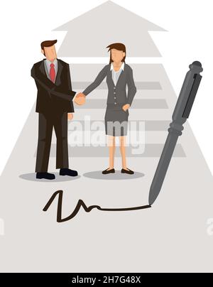Business people shaking hands and signed contract. Concept of business agreement or cooperation. Flat cartoon character isolated vector illustration. Stock Vector