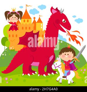 A handsome prince fighting a fire breathing dragon and saving the beautiful princess at the tower. Stock Photo