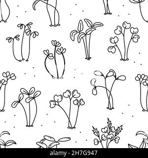 Vector seamless pattern with microgreens. Healthy young seedlings. Healthy eco-friendly food. Line art background Stock Vector