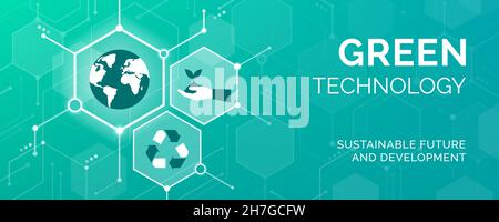 Green technology, environmental care and sustainable development banner with icons Stock Vector