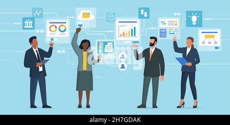 Corporate business people interacting with digital interfaces, innovative management and digital transformation concept Stock Vector
