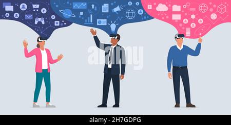 People wearing VR headsets and experiencing virtual reality simulation, they access to their own custom virtual universe Stock Vector