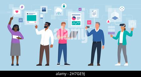Diverse people interacting with virtual reality interfaces and accessing online services using their devices Stock Vector