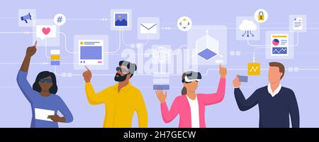 Diverse people interacting with virtual reality interfaces and accessing online services using their devices Stock Vector