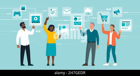 Connected people interacting with virtual reality interfaces, online services and social media Stock Vector