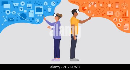 Man and woman wearing a VR headset and experiencing their own virtual universe Stock Vector