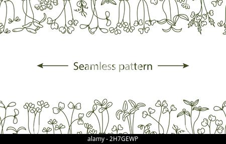 Vector horizontal seamless pattern with microgreens. Healthy young seedlings. Healthy eco-friendly food. Line art background Stock Vector