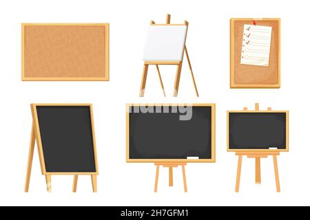 Set chalkboard, blackboard, easel, cork board on tripod in cartoon style isolated on white background. Collection presentation empty frames, mock up. Vector illustration Stock Vector
