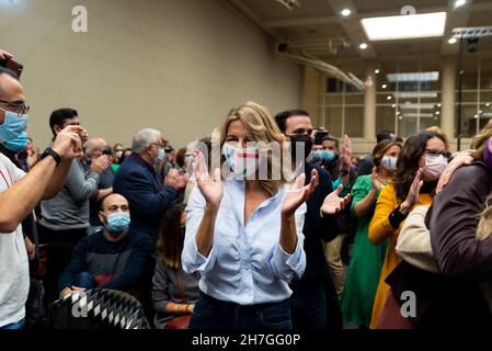 The Second Vice President and Minister of Labor and Social Economy of the Spanish government Yolanda Díaz is seen clapping and smiling among the crowd Stock Photo