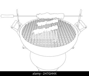 Barbecue contour with skewers and kebabs from black lines isolated on a white background. Perspective view. Vector illustration Stock Vector