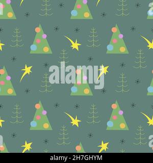 Seamless pattern with fir trees and stars. Christmas background vector. Stock Vector