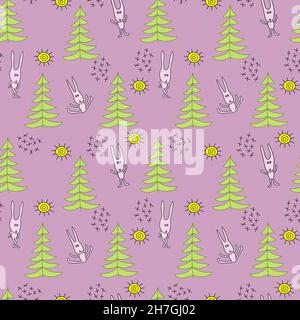 Seamless pattern with fir trees and rabbits. Christmas background vector. Stock Vector