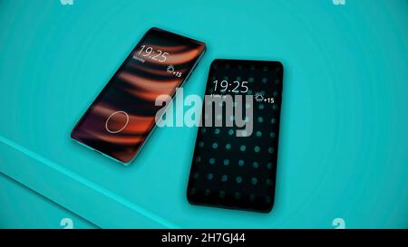 Abstract animation of new luxury smartphones with fingerprint scanner lying on the colorful surface. Biometric protection of smartphone Stock Photo