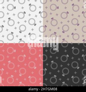 set of seamless patterns with Diamond ring with large gem. Expensive holiday gift for girl for her birthday or Valentines Day. Ornament for decoration Stock Vector