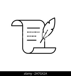 Feather pen with old paper line icon. History or ancient concept. Writing on a parchment scroll with feather quill. Signing a document with ink pen. Stock Vector