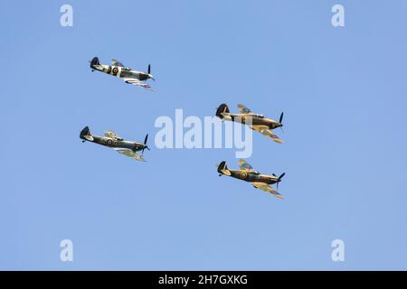 Formation of Spitfires and Hurricane of the Battle of Britain Memorial Flight, on the 80th anniversary flypast. 20th September 2020. Stock Photo