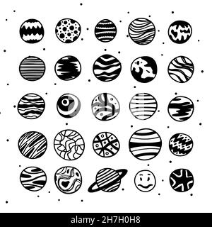 Twenty five sketched planets vector in different styles. Excellent for games, lettering and any customizations. Stock Vector