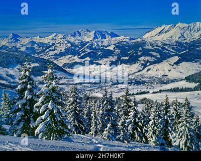 Looking down on Megeve from the Mont Joux and Mont Arbois in the French Alps, Haute Savoie region of France. Stock Photo