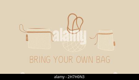 Bring your own bag. Reusable mesh for vegetables and fruits. Eco-friendly shopping bag. No plastic and a zero waste concept. Stock Vector