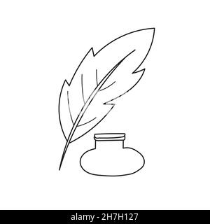 Simple coloring page. Inkpot and feather. Cartoon style vector illustration icons. Isolated on white background Stock Vector