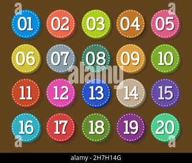 Colorful button flat numbers. From one to Twenty. Brown background. Stock Vector