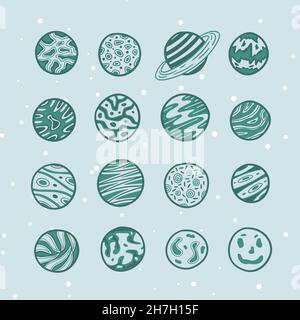 Sixteen planets vector in different styles. Excellent for games, lettering and any customizations. Stock Vector