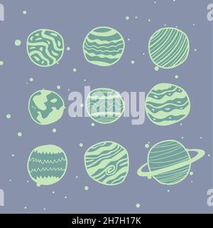 Nine planets vector in different styles. Excellent for games, lettering and any customizations. Stock Vector