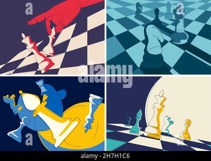 Collection of banners with chess pieces. Placard designs in doodle style. Stock Vector