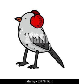 Hand drawn bird in a red winter headphones. Vector illustratio Stock Vector