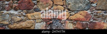 Old stone wall surface in abandoned building. Rough multicolored natural stone, texture panorama Stock Photo