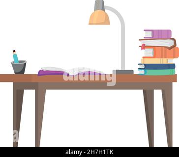 Study desk icon. Table with lamp and books in cartoon style Stock Vector