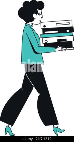 Woman carry documents. Person with stacked paper folders Stock Vector