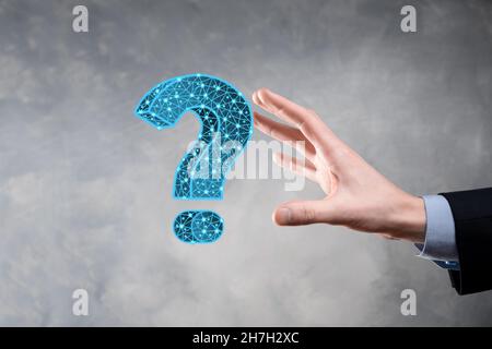 Question mark. 3d abstract on dark background with dots and stars. Ask symbol. Help support, faq problem symbol, think education concept, confusion se Stock Photo