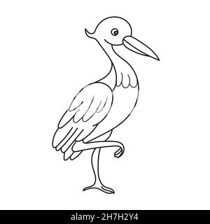 Simple coloring page. Cute funny cartoon style coloring bird illustration. Stork, heron Stock Vector
