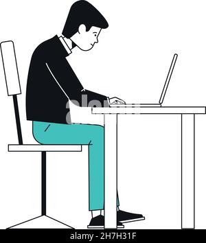 Office work. Man working at computer. Remote workspace Stock Vector