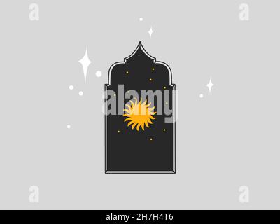 Hand drawn vector abstract stock flat graphic illustration with logo element,astrology bohemian magic art of sun in arch silhouette in simple style Stock Vector