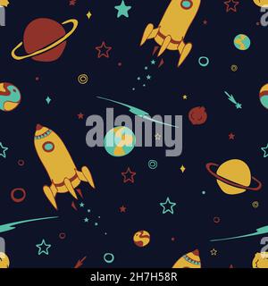 Seamless vector pattern with planets and rockets on dark blue background. Simple hand drawn galaxy wallpaper design for children. Stock Vector