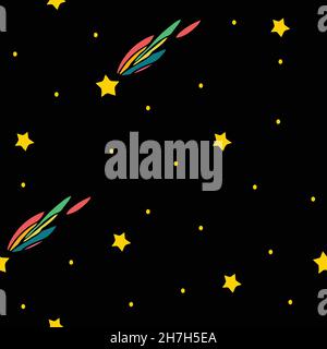 Seamless vector pattern with stars on black background. Simple night sky wallpaper design with falling star. Cute galaxy fashion textile. Stock Vector