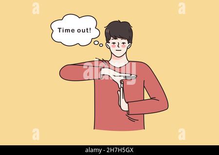 Time out in sport concept. Young man referee in basketball standing and showing time out sign with hands for teams and players vector illustration  Stock Vector