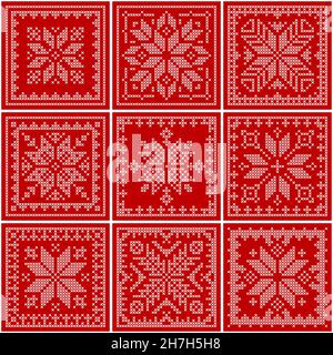 Christmas embroidered quilt plaid Scandinavian knitting pattern. Traditional biscornu design geometric redwork embroidery. Perfect for Christmas cross Stock Vector