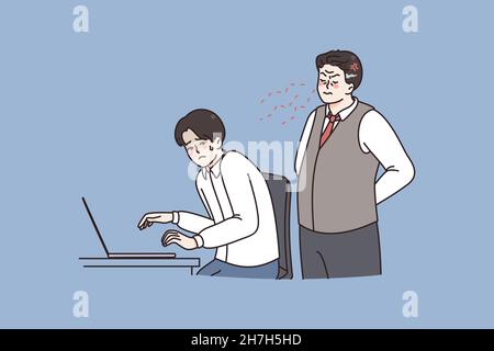 Controlling at work and fear concept. Angry boss standing and controlling looking at laptop of afraid worker during job day vector illustration  Stock Vector