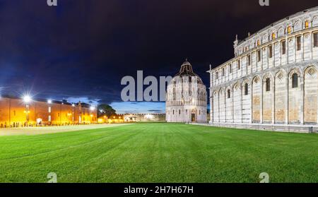 Europe, Italy, Tuscany, Pisa, Piazza del Duomo with the Battistero di San Giovanni and Pisa Cathedral by Night Stock Photo