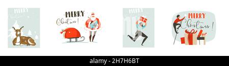 Hand drawn vector abstract stock graphic Merry Christmas and Happy New Year cartoon,illustrations prints collection set with Santa Claus,present box Stock Vector