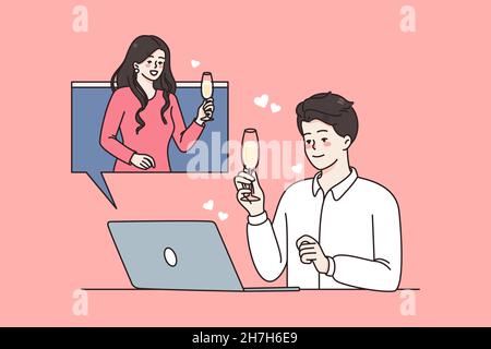 Online holiday and celebration concept. Smiling people holding glasses of champagne for holiday online from laptop screen vector illustration  Stock Vector